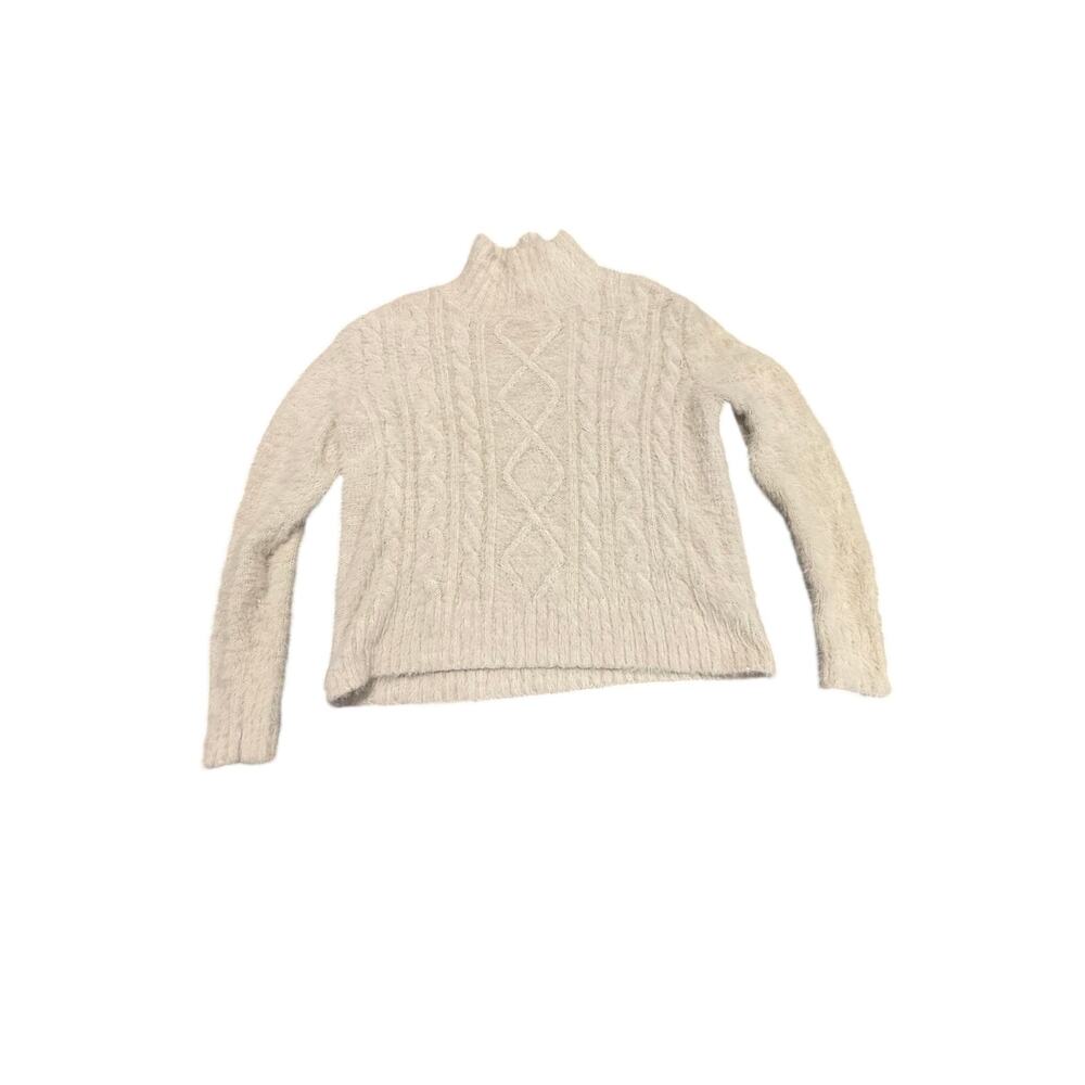 Amuse Women's Ivory Fuzzy Eyelash Cable Knit High Mock Neck Pullover Sweater XS